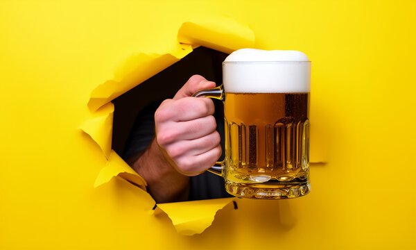 Hand holding a refreshing mug of golden beer emerging from a torn yellow background.