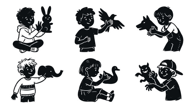 Children playing with shadow puppets creating animals and figures
