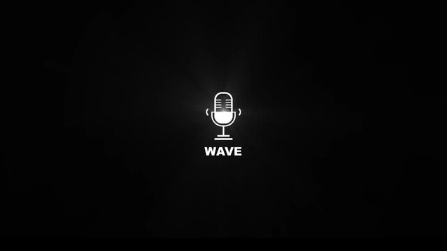 White wave microphone icon loop, digital frequency wave mic logo with text, audio signal telemetry overlay asset on black background 4k.