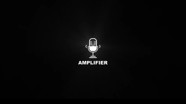 White amplifier microphone icon loop, digital sound gain boost mic logo with text, audio power booster overlay asset on black background 4k.
