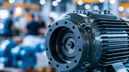 Fototapeta premium Large industrial electric motor housed in a factory setting, robust metal casing with cooling fins, defocused factory floor in background, industrial motor concept photography,