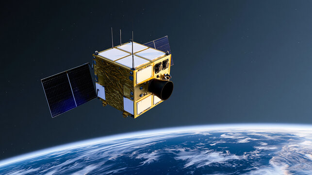 New Space CubeSat Satellite Orbiting Earth Above Blue Planet