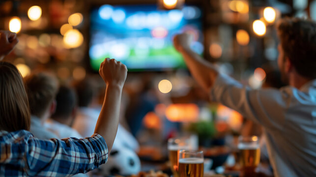 Faceless group of soccer fans watching a live football match broadcast in a sports pub, cheering and supporting their team, crowd ecstatic as the team scores, defocused pub