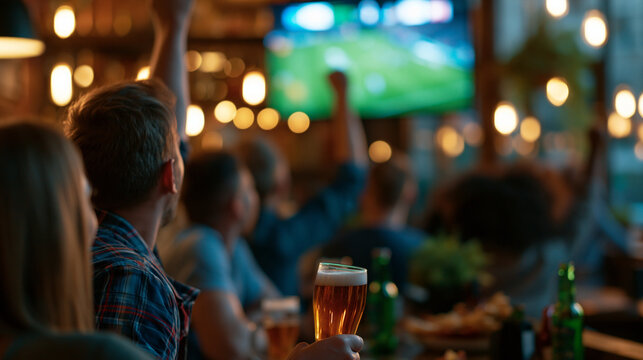 Faceless group of soccer fans watching a live football match broadcast in a sports pub, cheering and supporting their team, crowd ecstatic as the team scores, defocused pub