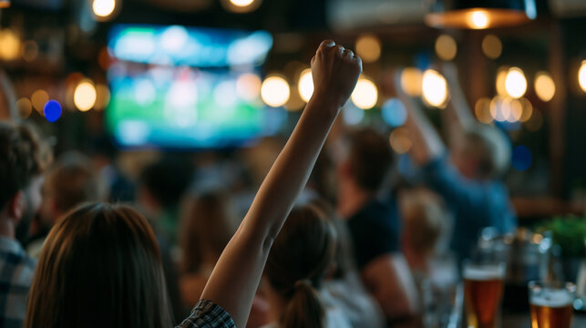 Faceless group of soccer fans watching a live football match broadcast in a sports pub, cheering and supporting their team, crowd ecstatic as the team scores, defocused pub