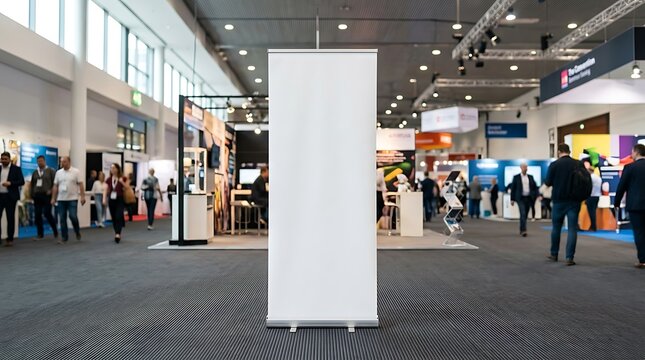Blank White Roll Up Banner Mockup at Busy Trade Show Exhibition
