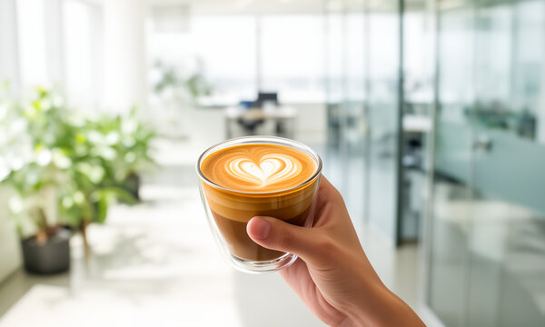 Hand holding a glass of latte with heart art in a bright modern office.