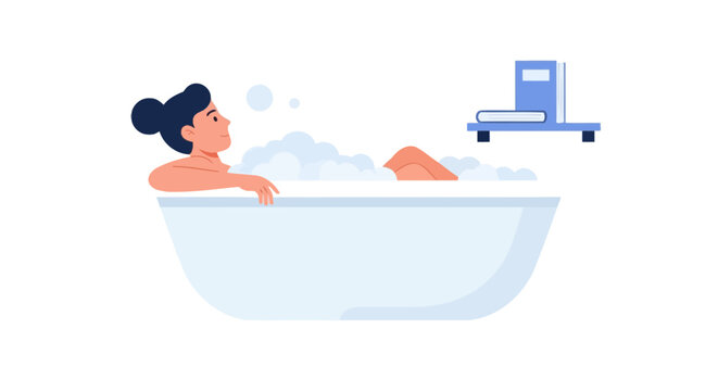 Woman Relaxing in a Bubble Bath with Foam, Vector Illustration of Self-Care Routine and Wellness Concept Isolated on White Background