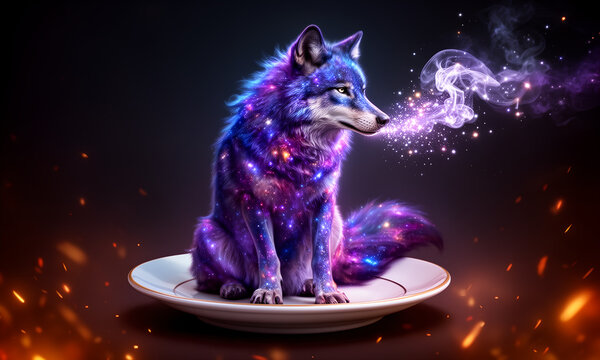 Mystical galaxy wolf with sparkling fur exhaling magical stardust while sitting on a plate.