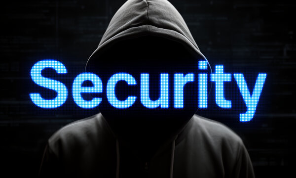 Anonymous hooded figure with glowing 'Security' text representing digital protection and cyber safety.