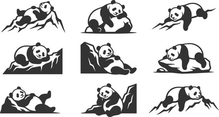 Set of twelve black and white panda bear icons sleeping and relaxing on mountain peaks for adventure graphic design © Vecto_Pixels