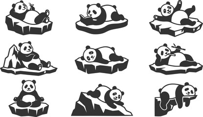 Collection of twelve black and white panda bear icons resting on icebergs with refreshing drinks and bamboo snacks © Vecto_Pixels