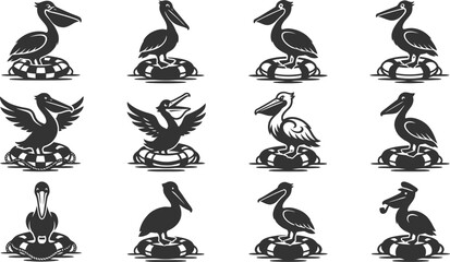 Collection of funny pelican bird icons on life buoys in various poses for nautical and summer themed designs © Vecto_Pixels