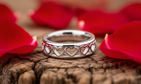 Elegant silver ring with heart cutouts surrounded by vibrant red rose petals on a rustic wooden surface, symbolizing love and romance.