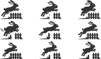 Collection of jumping rabbit icons clearing garden fences in various poses for agricultural and spring themed designs © Vecto_Pixels