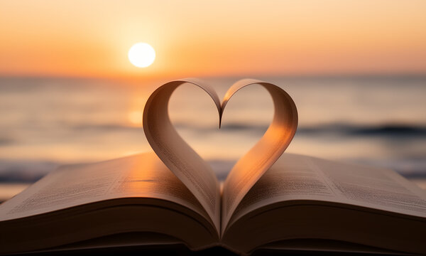 Romantic book with heart-shaped pages at sunset over the ocean.