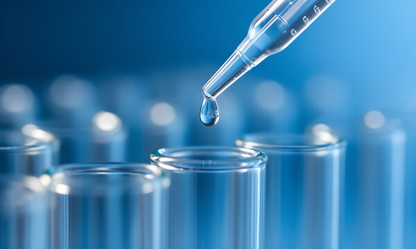 A clear liquid drop falling from a pipette into a glass test tube in a laboratory setting.