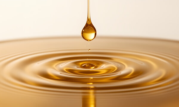 A golden liquid droplet creating perfect concentric ripples on a smooth surface.