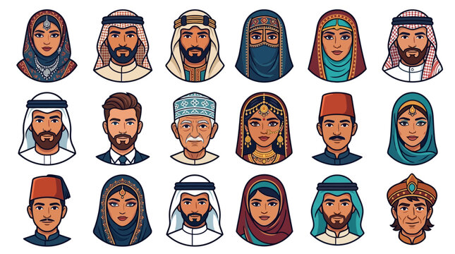 Vibrant Collection of 88 Colorful Character Heads Celebrating Arabian Cultural Diversity and Heritage in Illustrative Art Style
