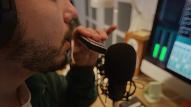 Caucasian young adult man playing harmonica into professional microphone in home recording studio. Clip is suitable for music production tutorials, podcasting promos, and creative remote work ads