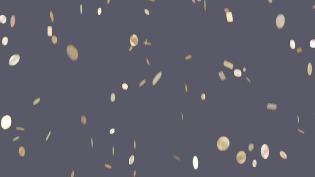 Falling confetti entering above, rotating and drifting, filling dark backdrop, pastel discs, strips