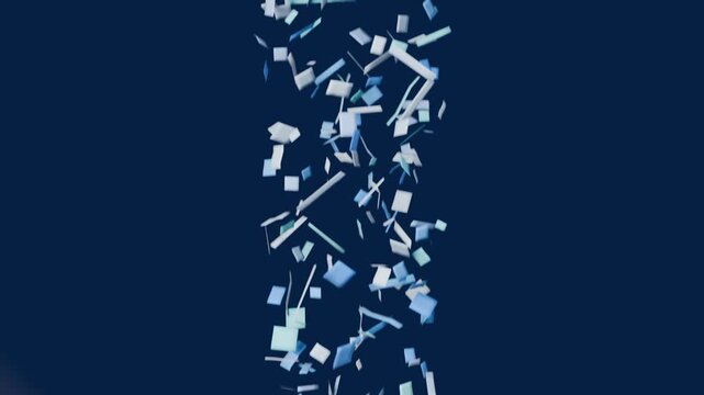 Entering from top, centered column of falling pieces tumbling in navy field, simulating confetti