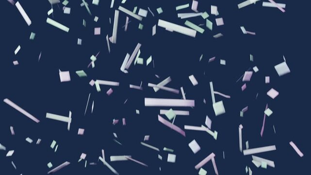 Starting fragments appearing, mint pink blue chips and bars growing, rotating across navy field