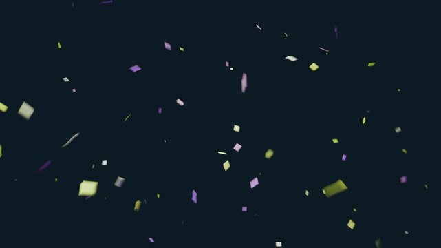 Drifting confetti cloud rotating and moving through dark void, from offframe emitter