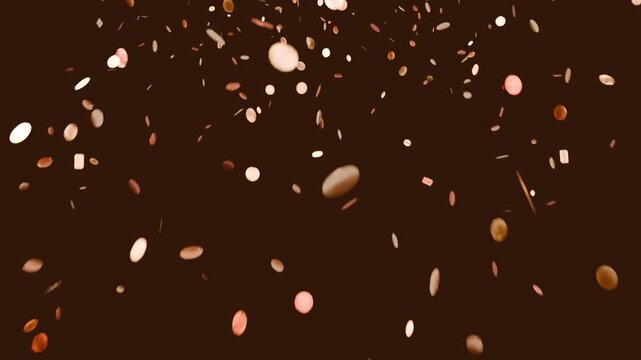Falling confetti particles being released overhead, spiraling across studio backdrop in breeze