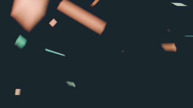 Drifting confetti rotating and falling in dark studio, camera shift revealing mint peach strips