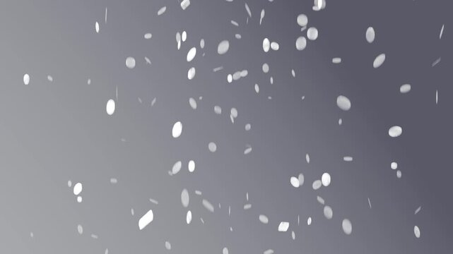 Drifting white confetti field entering from above and forming curtain at gray gradient backdrop
