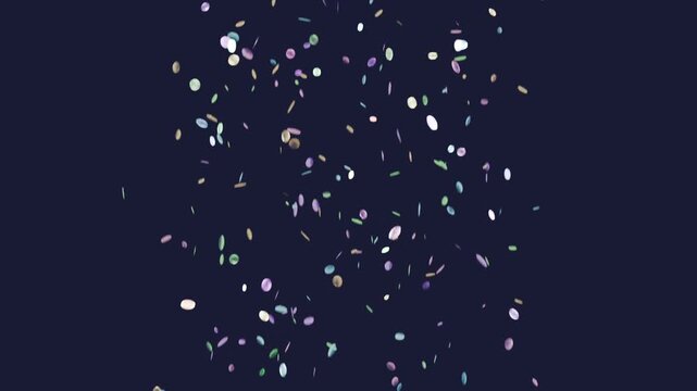 Falling confetti column forming after top release on deep navy backdrop, pastel discs rotating