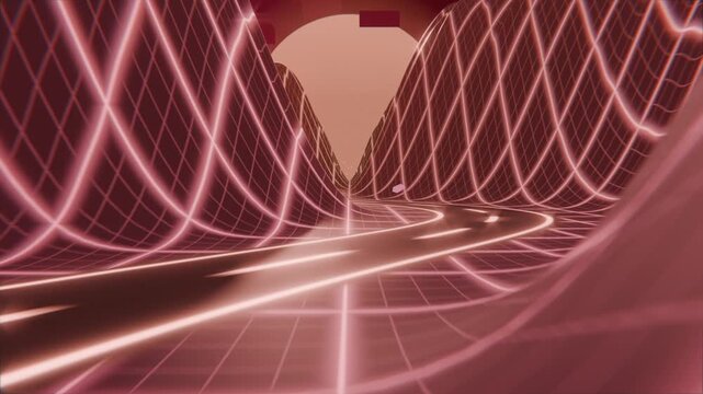 Advancing camera pushing neon roadway and grid hills through neon canyon to far arch with hexagon