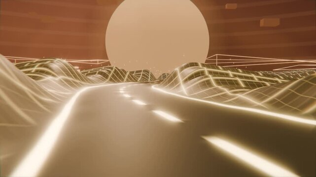 Advancing camera following glossy two-lane road through neon wireframe hills, seeking glowing sun