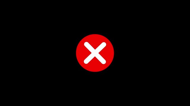 Animated wrong mark red icon appearing,4k quality animation video..