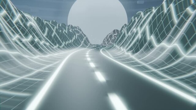 Advancing camera guiding view along two-lane road toward pale orb, framing glowing grid mountains