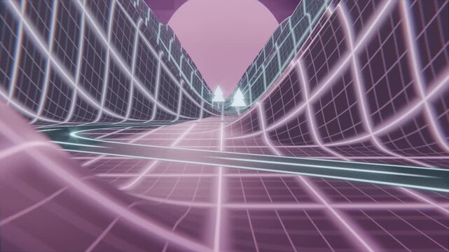 Advancing neon-grid canyon guiding curving dual-lane road toward pink sun with glowing trees