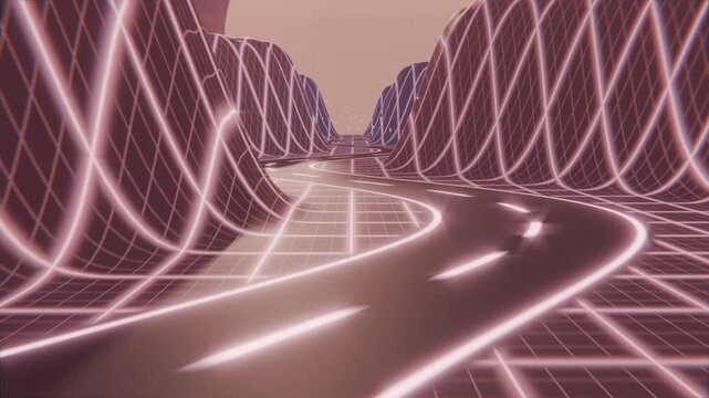 Gliding camera pushing forward along winding shiny road in neon grid canyon showing lane markers