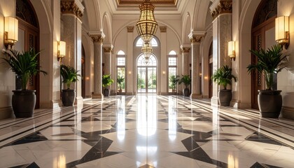 Fototapeta premium Grand Marble Hallway with Ornate Chandeliers and Sunlight Reflections