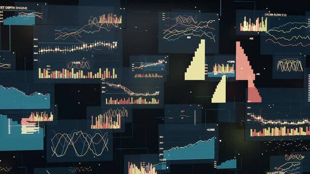 Animating data panels filling wall as frames advance, monitoring teal area, yellow red histograms