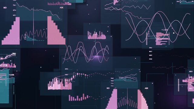 Advancing timeline driving data dashboard building across navy display, with pink histograms