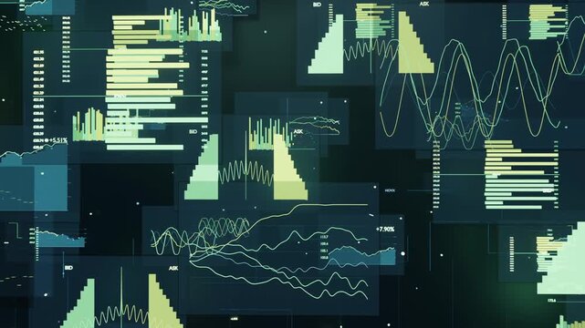 Appearing chart panels on dark teal display, stacking into dashboard with histograms and waveforms