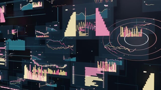Starting on dark display, data panels animating and revealing denser charts heatmap and rings