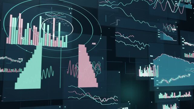Panning camera right, showing data panels revealing analytics details in digital space, histograms