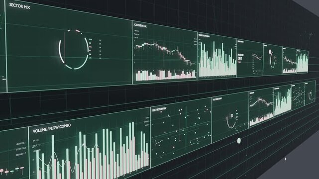 Panning camera past two-row data wall in gallery, showing charts, gauges, markers for monitoring