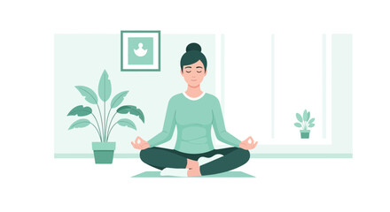 Fototapeta premium Woman Practicing Mindfulness Meditation and Yoga in Lotus Pose at Home Vector Illustration for Wellness and Mental Health