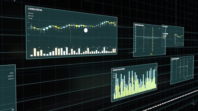 Gliding camera, playback starting over virtual data-wall, guiding white marker to highlight charts