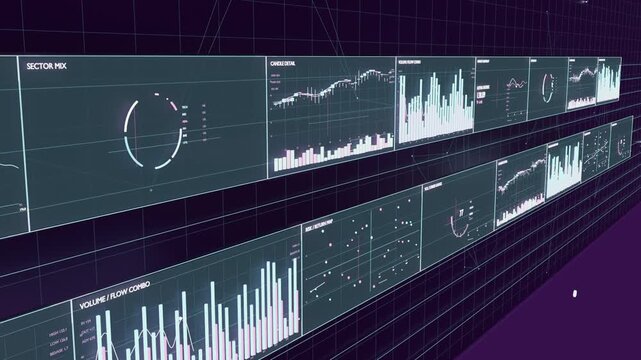 Playback starting gliding camera moving along two-row data wall on grid, revealing candlesticks