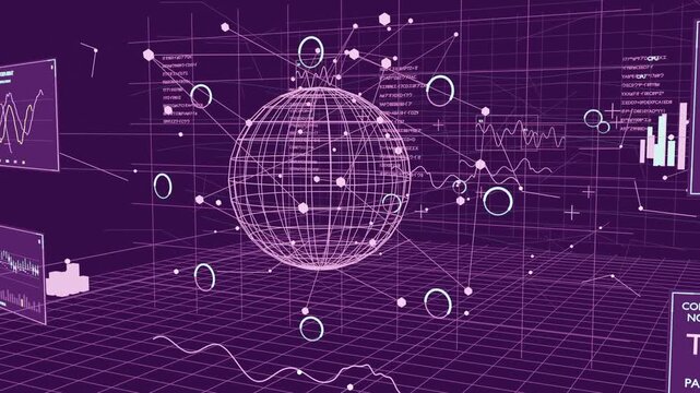 Pulling camera closer, wireframe globe emitting nodes and rings in magenta hub, panels updating
