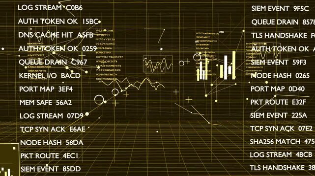 Playing back, camera dollying through amber HUD, revealing central data cluster on grid floor